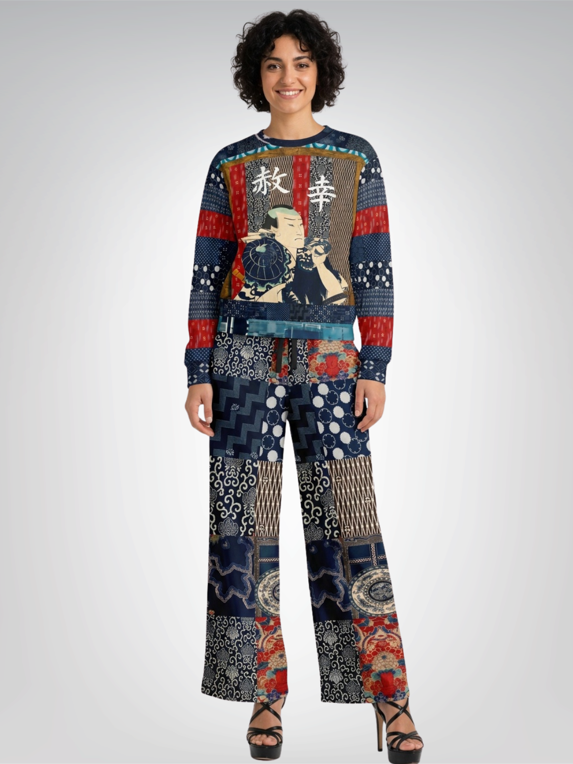 Indigo Edo Kabuki Warrior in Kanji - Happiness &amp; Forgiveness Cropped Sweatshirt (Gold Label)