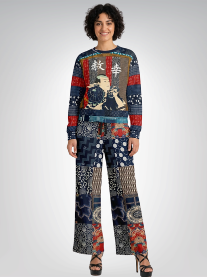 Indigo Edo Kabuki Warrior in Kanji - Happiness &amp; Forgiveness Cropped Sweatshirt (Gold Label)
