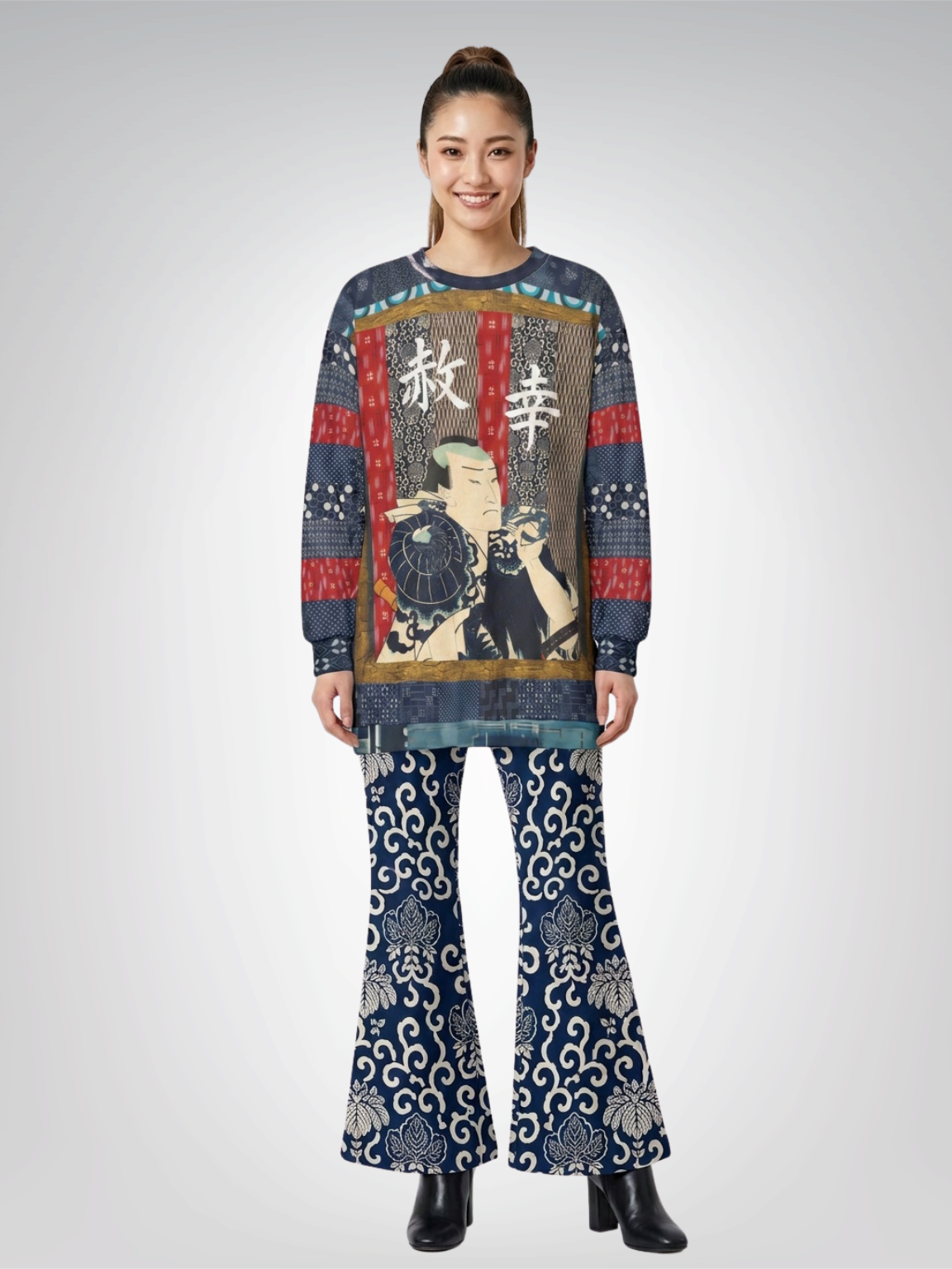 Indigo Edo Kabuki Warrior in Kanji - Happiness &amp; Forgiveness Unisex Sweatshirt (Gold Label)