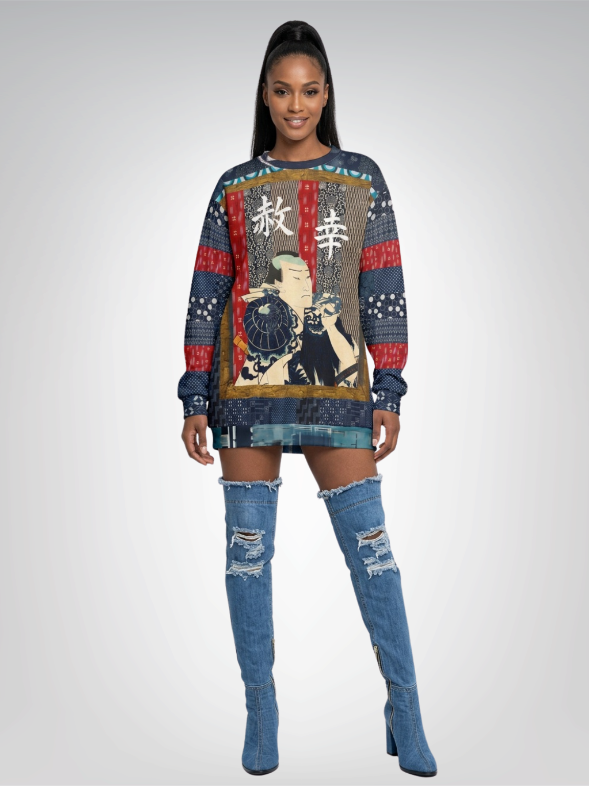 Indigo Edo Kabuki Warrior in Kanji - Happiness &amp; Forgiveness Unisex Sweatshirt (Gold Label)