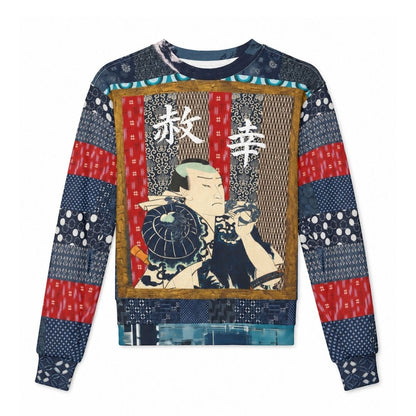 Indigo Edo Kabuki Warrior in Kanji - Happiness &amp; Forgiveness Cropped Sweatshirt (Gold Label)