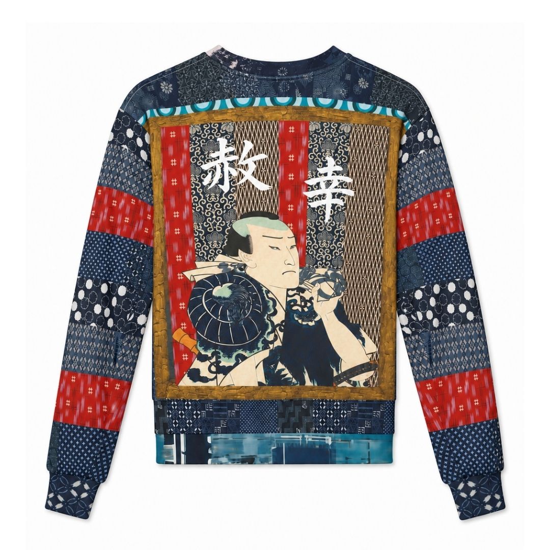 Indigo Edo Kabuki Warrior in Kanji - Happiness &amp; Forgiveness Cropped Sweatshirt (Gold Label)