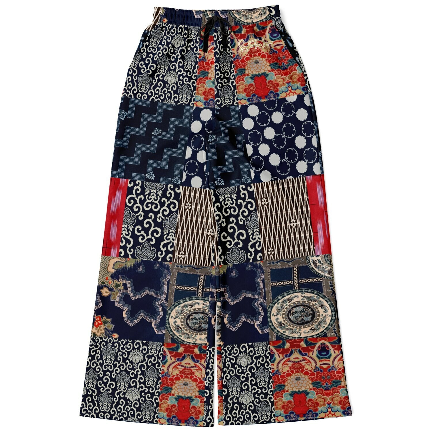 Indigo Edo Kabuki Warrior in Kanji Patchwork Eco-Poly Wide Leg Pants
