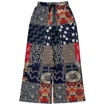 Indigo Edo Kabuki Warrior in Kanji Patchwork Eco-Poly Wide Leg Pants