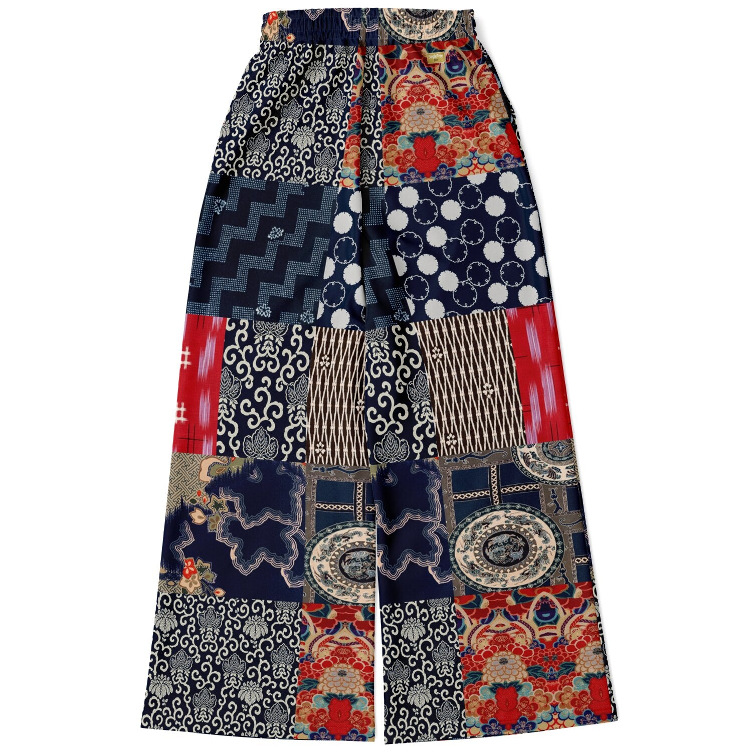 Indigo Edo Kabuki Warrior in Kanji Patchwork Eco-Poly Wide Leg Pants