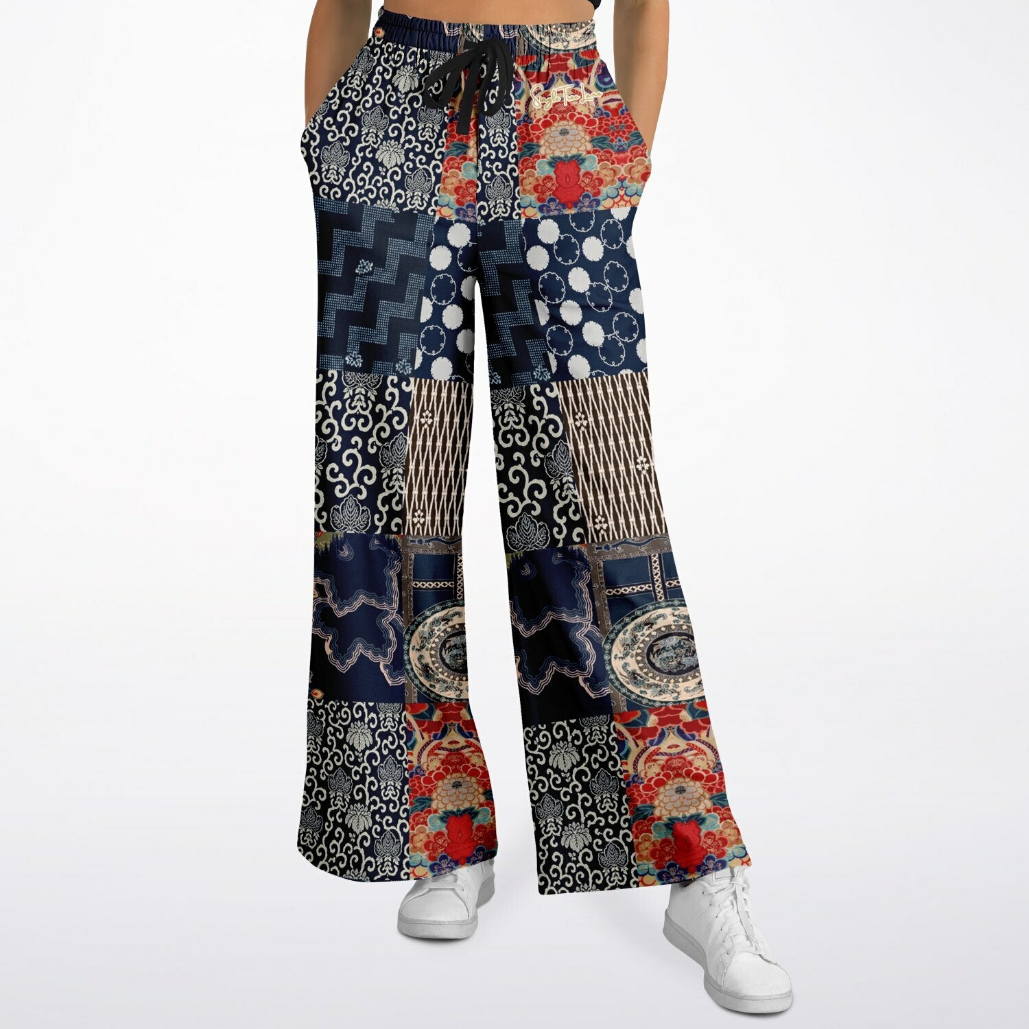 Indigo Edo Kabuki Warrior in Kanji Patchwork Eco-Poly Wide Leg Pants