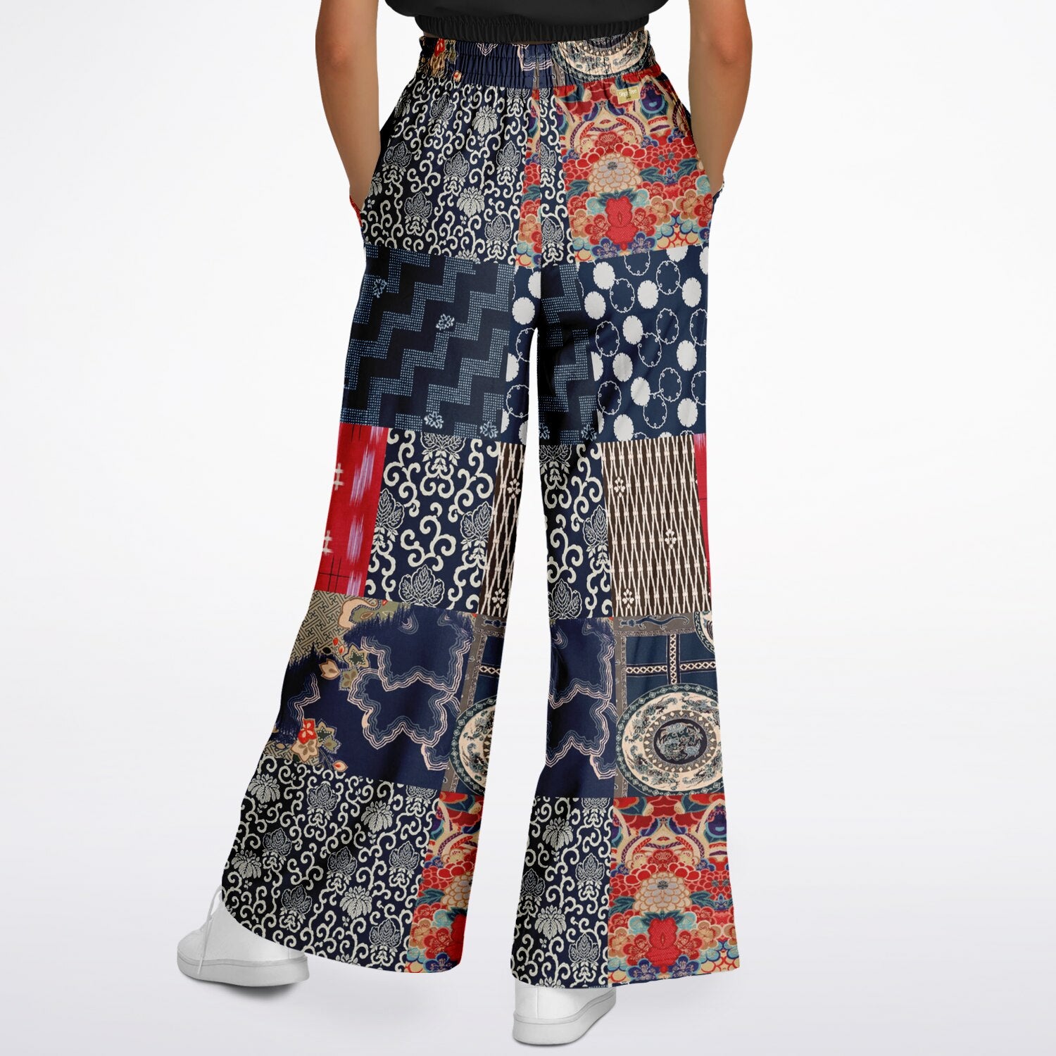 Indigo Edo Kabuki Warrior in Kanji Patchwork Eco-Poly Wide Leg Pants