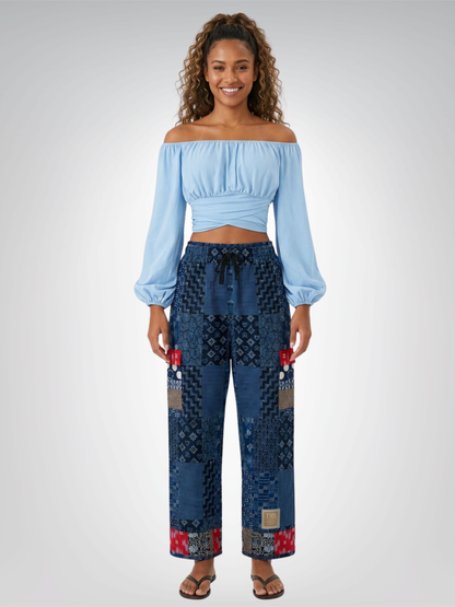 Indigo Edo Kabuki Warrior Patchwork Cargo Pants