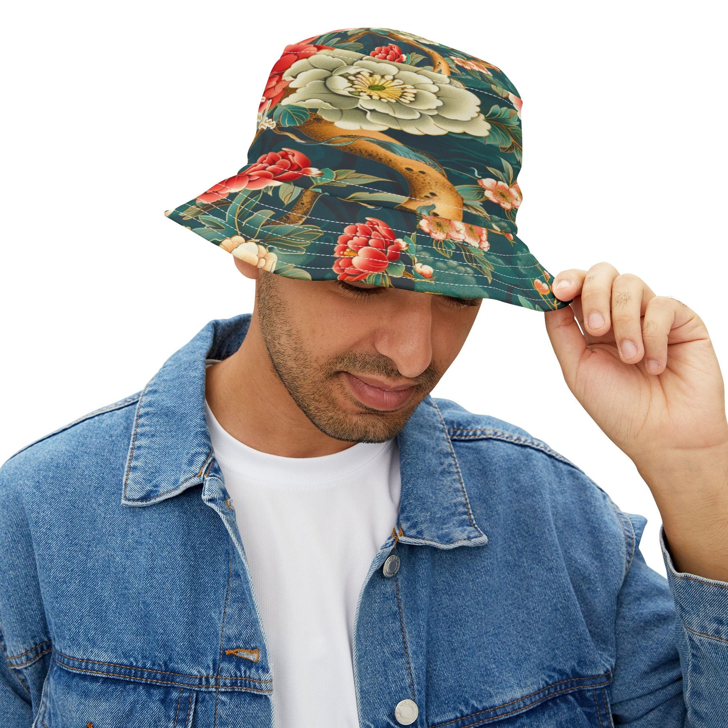 Japanese Garden in Green Vibrant Floral Print Bucket Hat