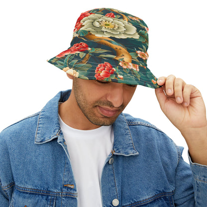 Japanese Garden in Green Vibrant Floral Print Bucket Hat