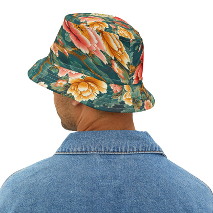 Japanese Garden in Green Vibrant Floral Print Bucket Hat