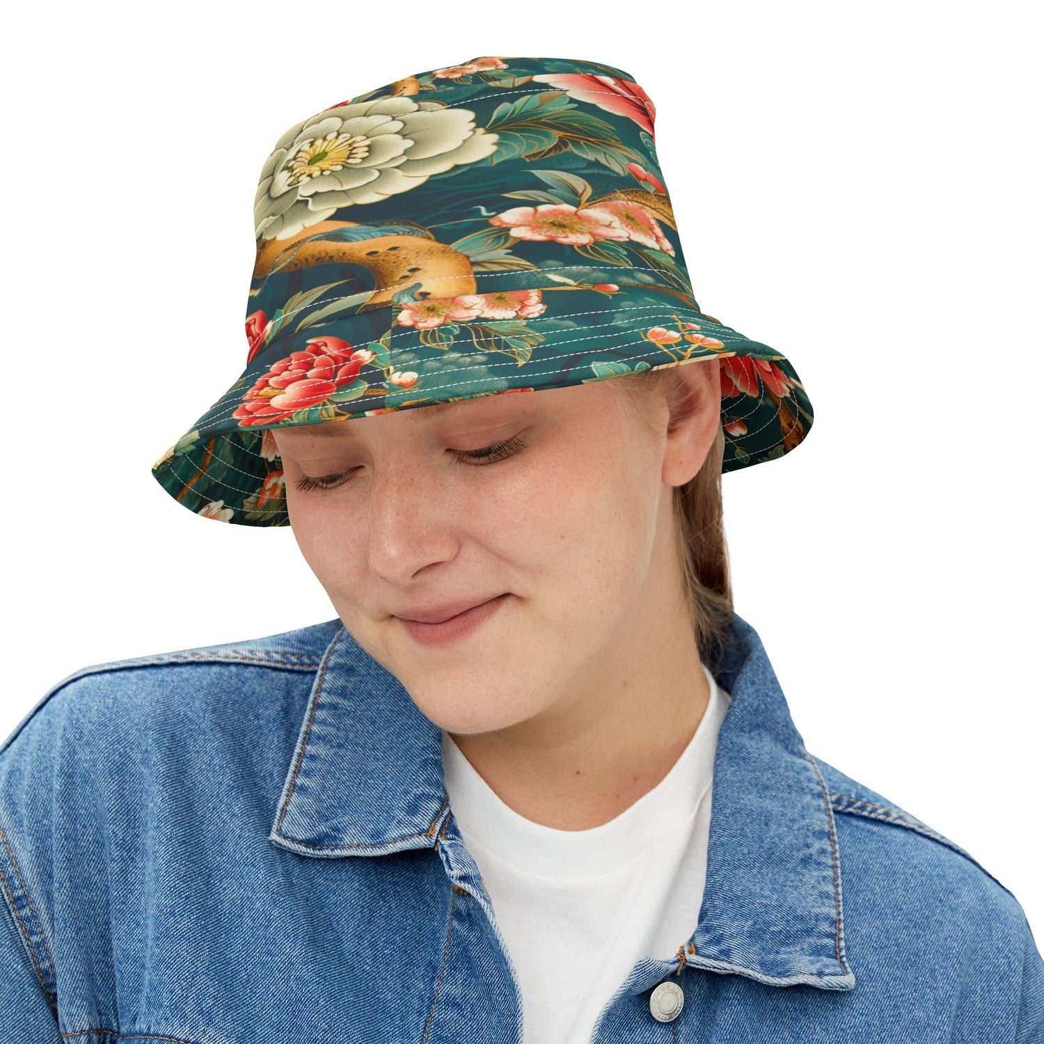 Japanese Garden in Green Vibrant Floral Print Bucket Hat