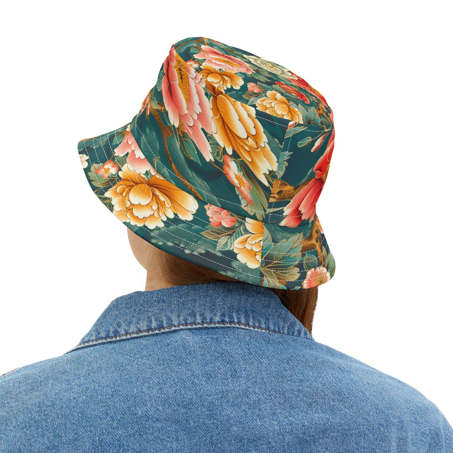 Japanese Garden in Green Vibrant Floral Print Bucket Hat