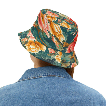 Japanese Garden in Green Vibrant Floral Print Bucket Hat
