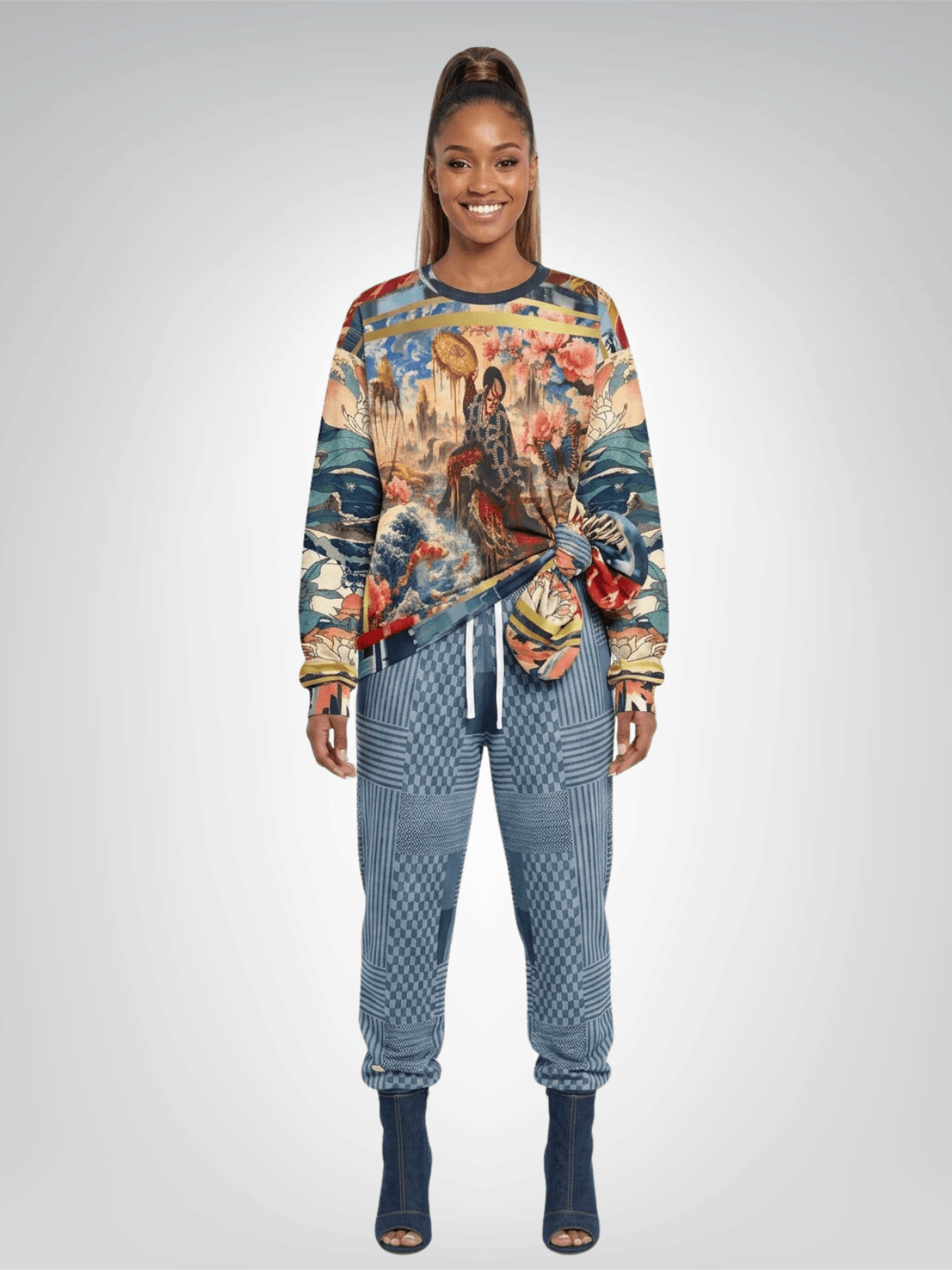 Denim Railroad Patchwork Print Eco-Poly Unisex Joggers