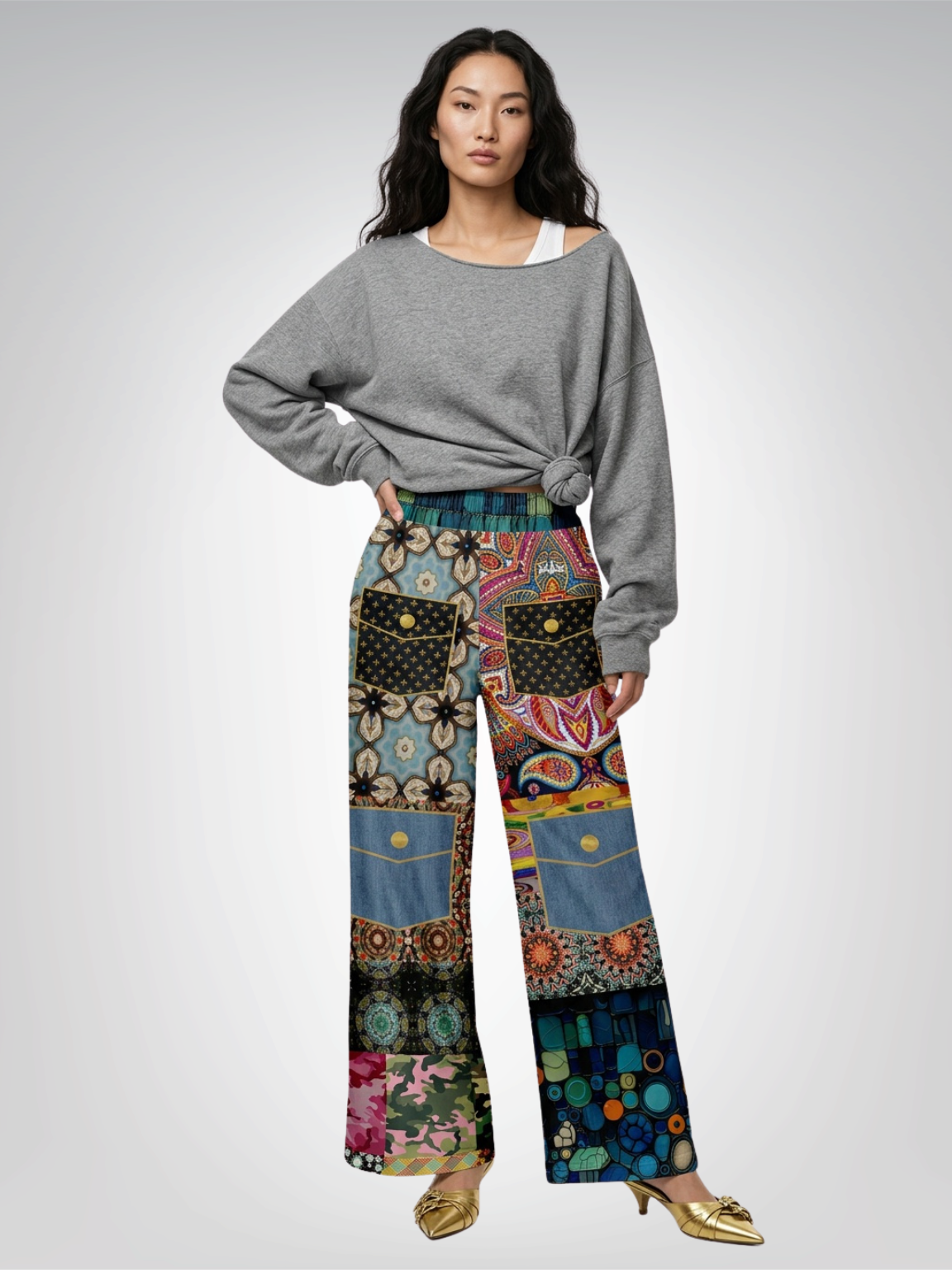 Koi Among the Stones in Painted Pond and Patches Eco-Poly Wide Leg Pants