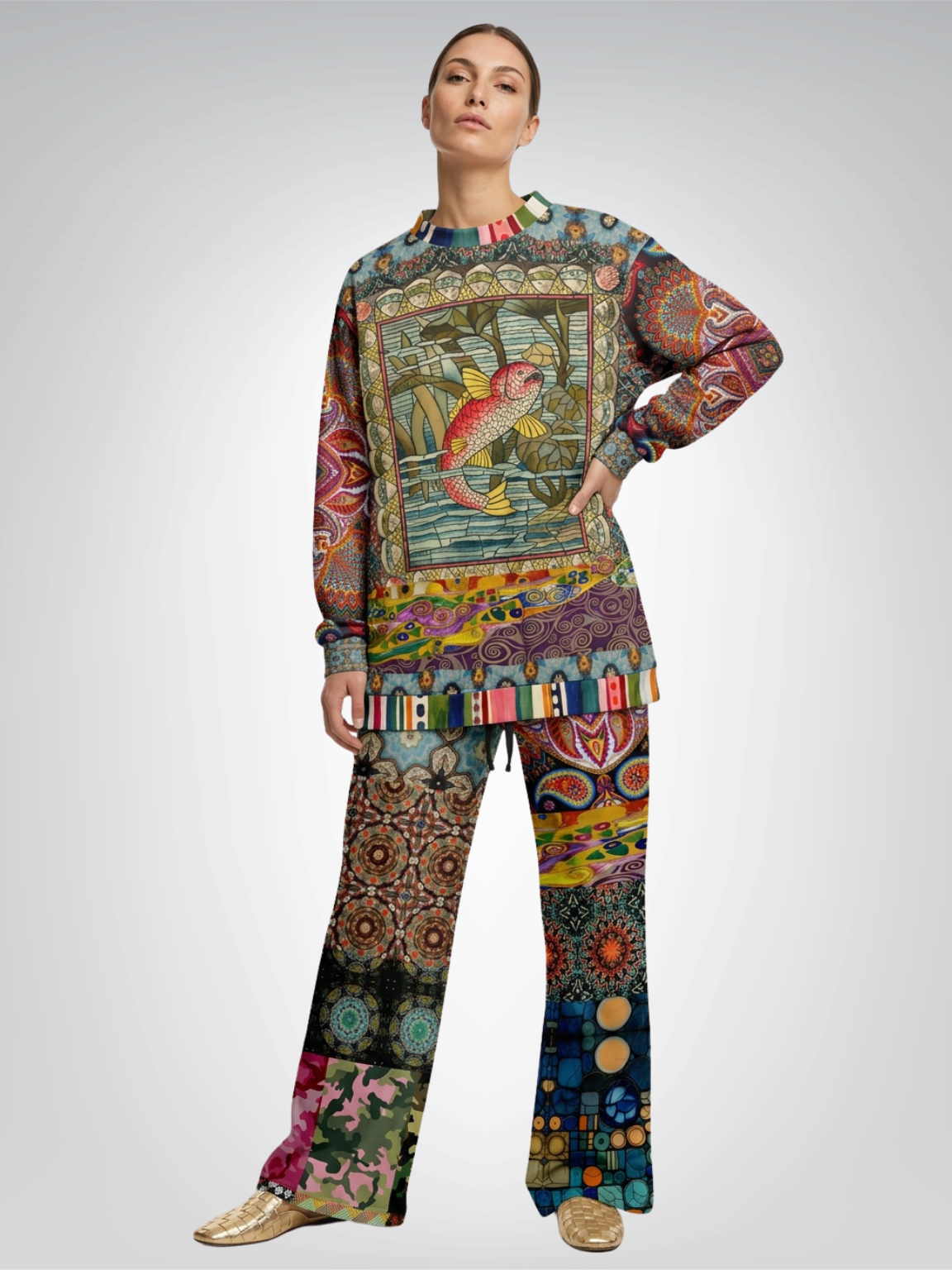 Koi Among the Stones in Painted Pond Eco-Poly Wide Leg Pants