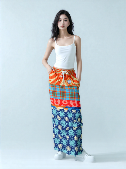 Lady in Blue and Orange Patchwork Eco-Poly Long Pocket Skirt