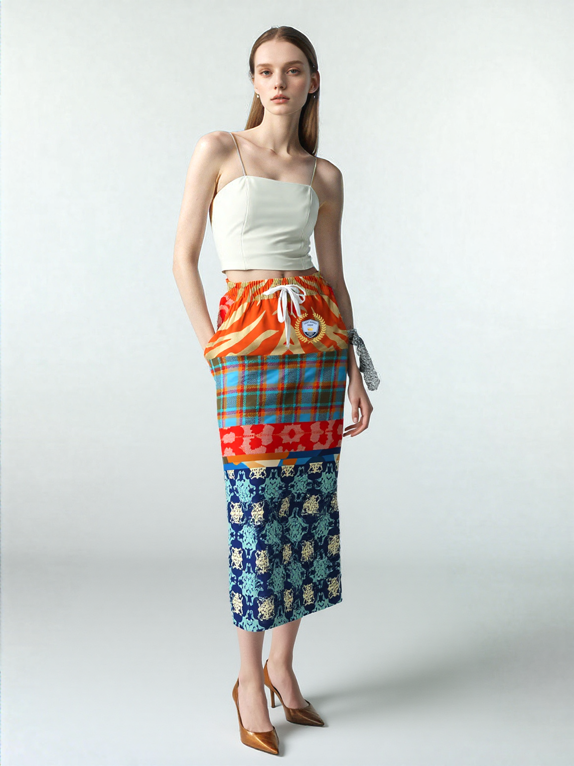 Lady in Blue and Orange Patchwork Eco-Poly Long Pocket Skirt