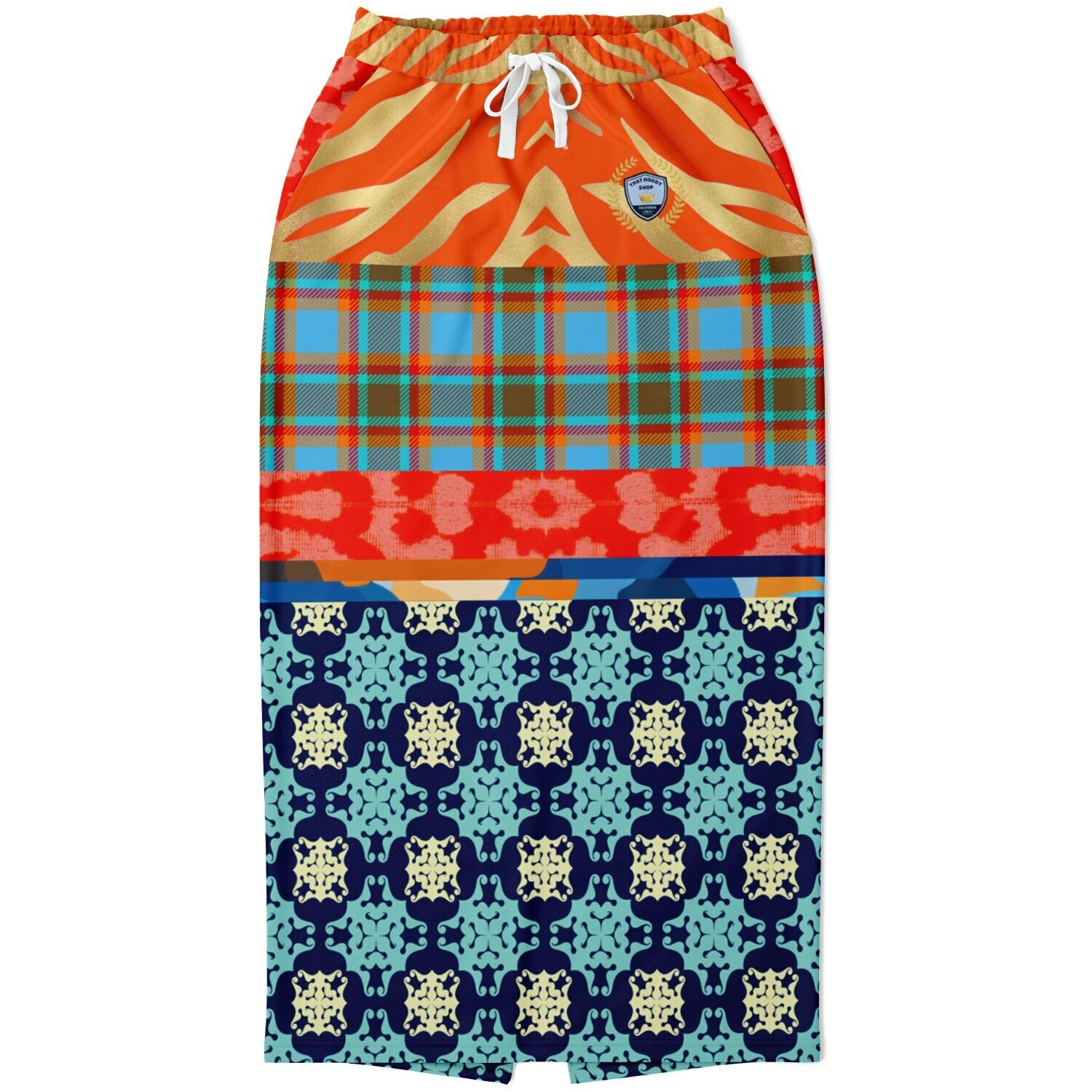 Lady in Blue and Orange Patchwork Eco-Poly Long Pocket Skirt