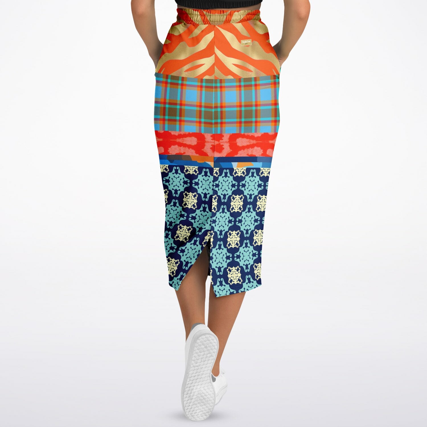 Lady in Blue and Orange Patchwork Eco-Poly Long Pocket Skirt