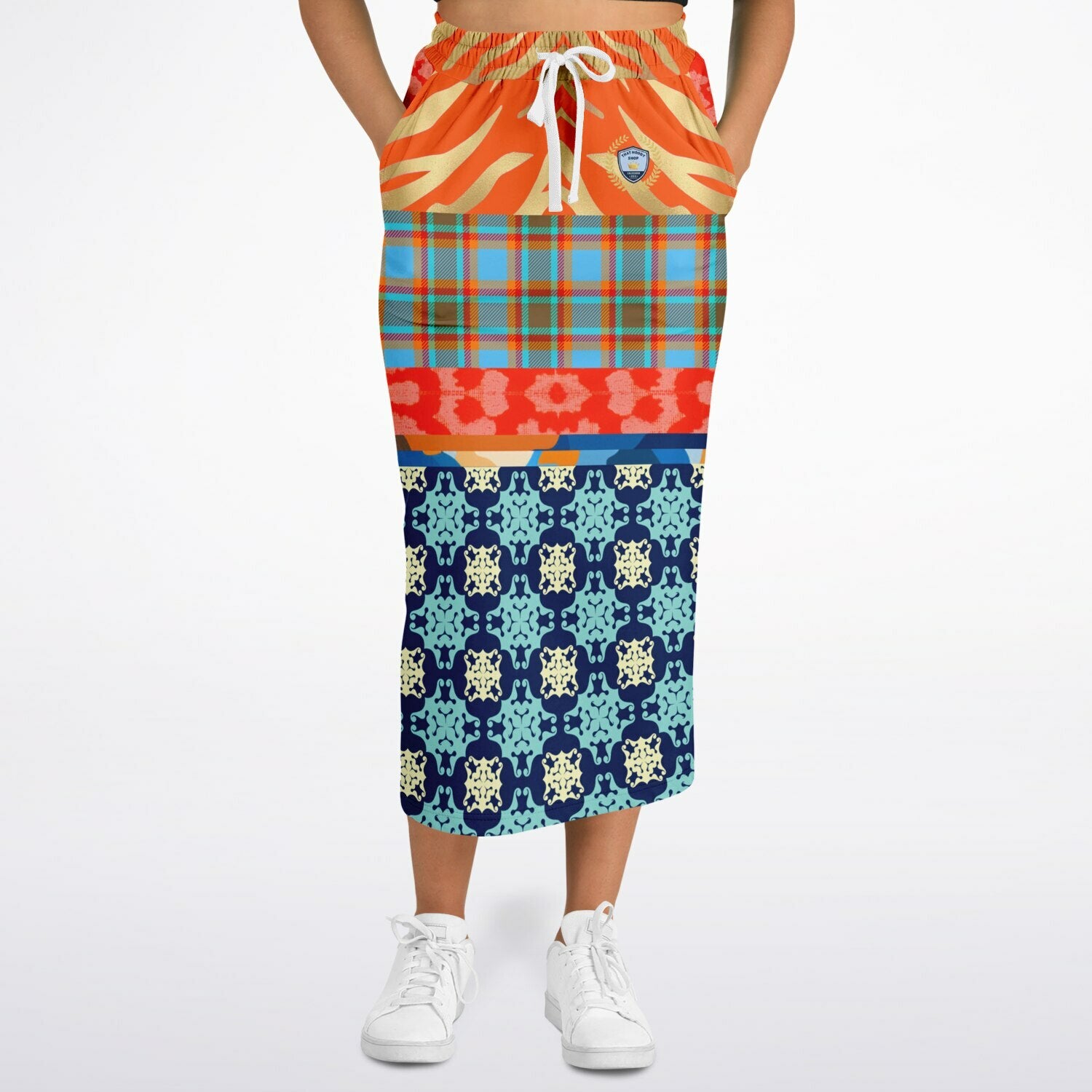 Lady in Blue and Orange Patchwork Eco-Poly Long Pocket Skirt