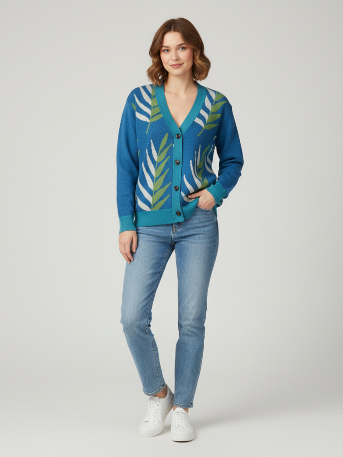 Leaves in the Palm in Blue Knitted Cardigan