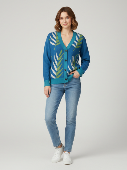 Leaves in the Palm in Blue Knitted Cardigan