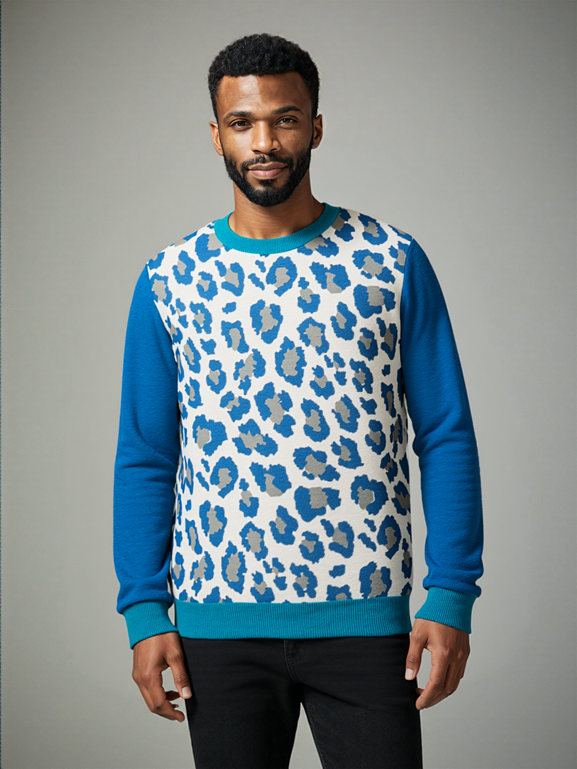 Leopard in Blue Spotted Jubilee Knitted Crewneck Sweater