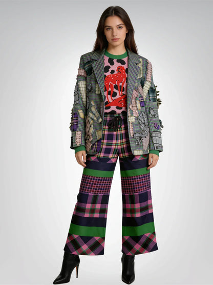 Purple Passion Plaid Rugby Stripe Eco-Poly Wide Leg Pants