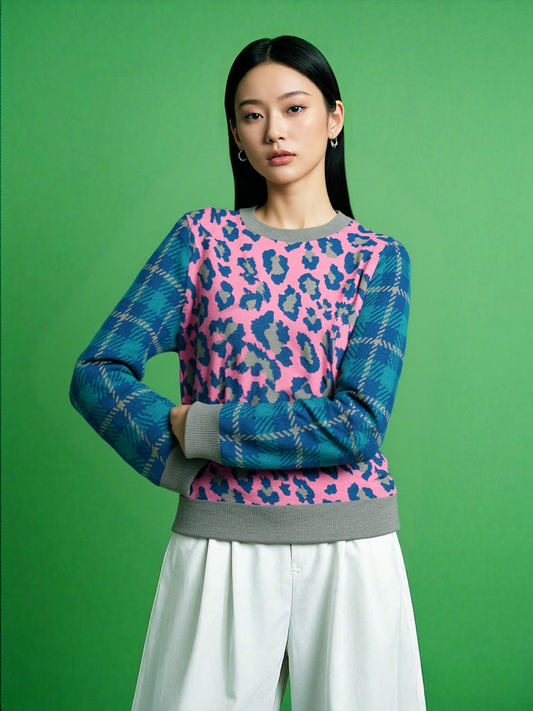 Leopard in Pink and Blue Spotted Jubilee Knitted Crewneck Sweater