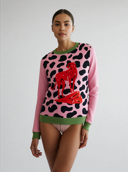 High on Leopard Savannah in Pink Plains Knitted Crewneck Sweater