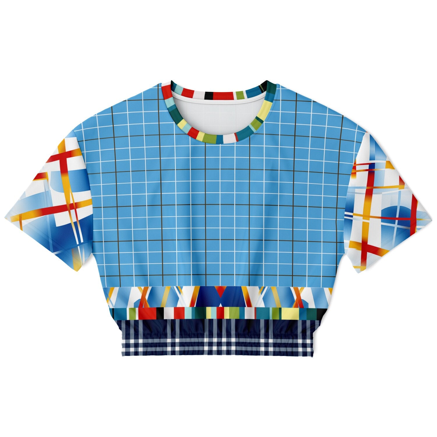 Liberty Blue Windowpane Plaid Eco-Poly Short Sleeve Cropped Sweater