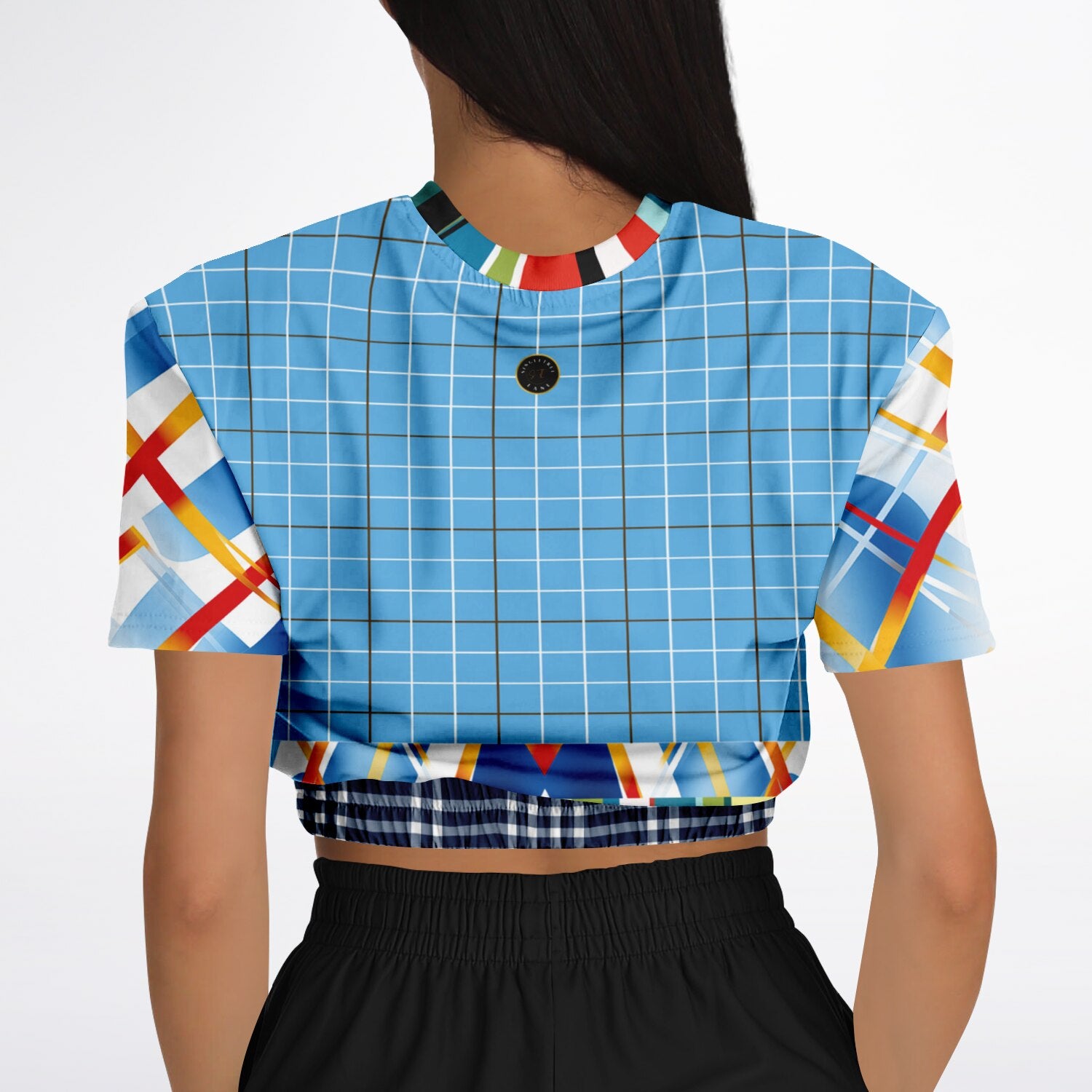 Liberty Blue Windowpane Plaid Eco-Poly Short Sleeve Cropped Sweater