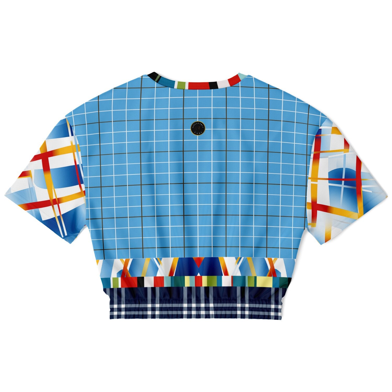 Liberty Blue Windowpane Plaid Eco-Poly Short Sleeve Cropped Sweater