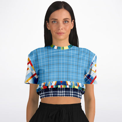 Liberty Blue Windowpane Plaid Eco-Poly Short Sleeve Cropped Sweater
