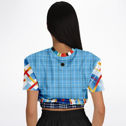 Liberty Blue Windowpane Plaid Eco-Poly Short Sleeve Cropped Sweater