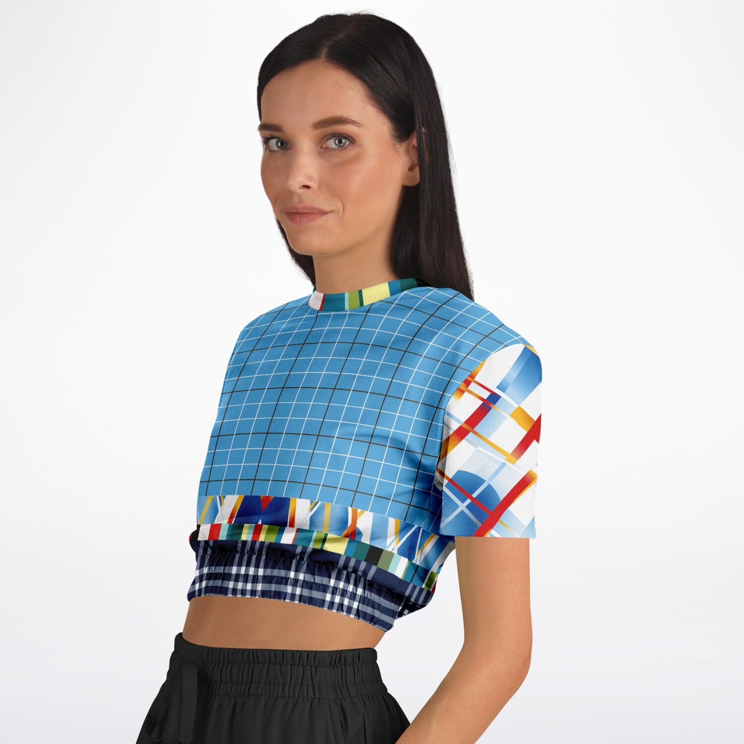 Liberty Blue Windowpane Plaid Eco-Poly Short Sleeve Cropped Sweater