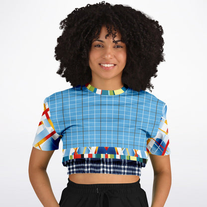 Liberty Blue Windowpane Plaid Eco-Poly Short Sleeve Cropped Sweater