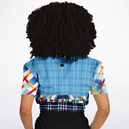 Liberty Blue Windowpane Plaid Eco-Poly Short Sleeve Cropped Sweater