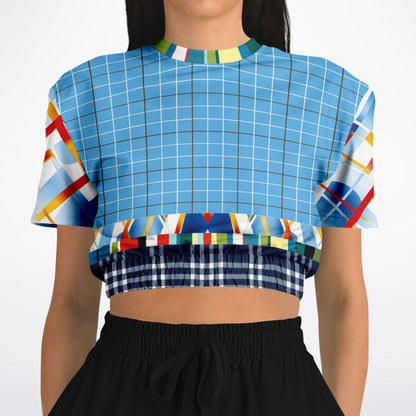 Liberty Blue Windowpane Plaid Eco-Poly Short Sleeve Cropped Sweater