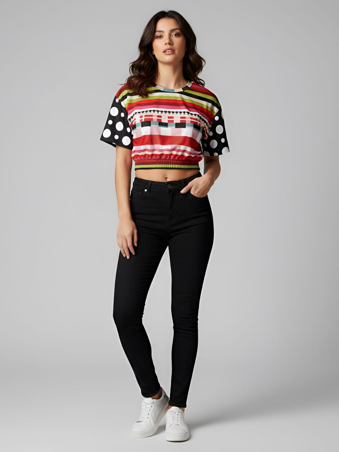 Life in Matchbook Plaid and Stripes Eco-Poly Short Sleeve Cropped Pullover