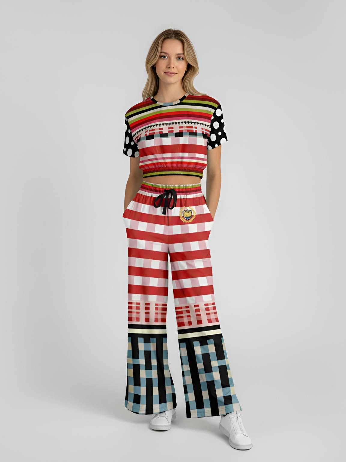 Life in Matchbook Plaid and Stripes Eco-Poly Short Sleeve Cropped Pullover