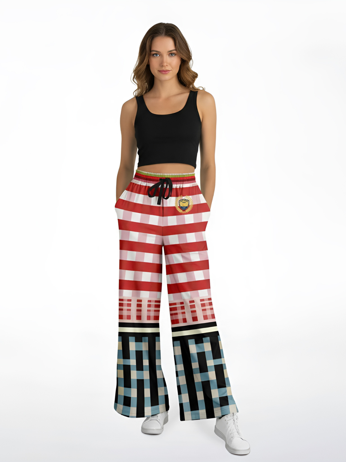 Life in Matchbook Plaid and Stripes Eco-Poly Wide Leg Pants