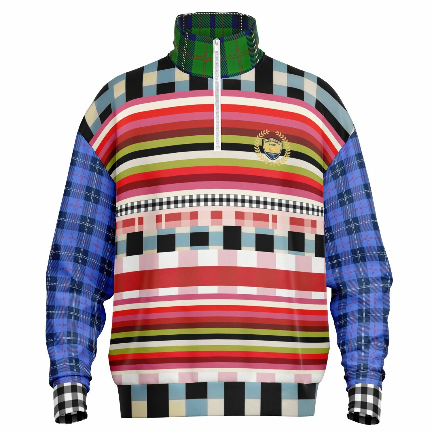 Life in Matchbook Plaid and Stripes Heavyweight Oversized Quarter Zip Sweatshirt