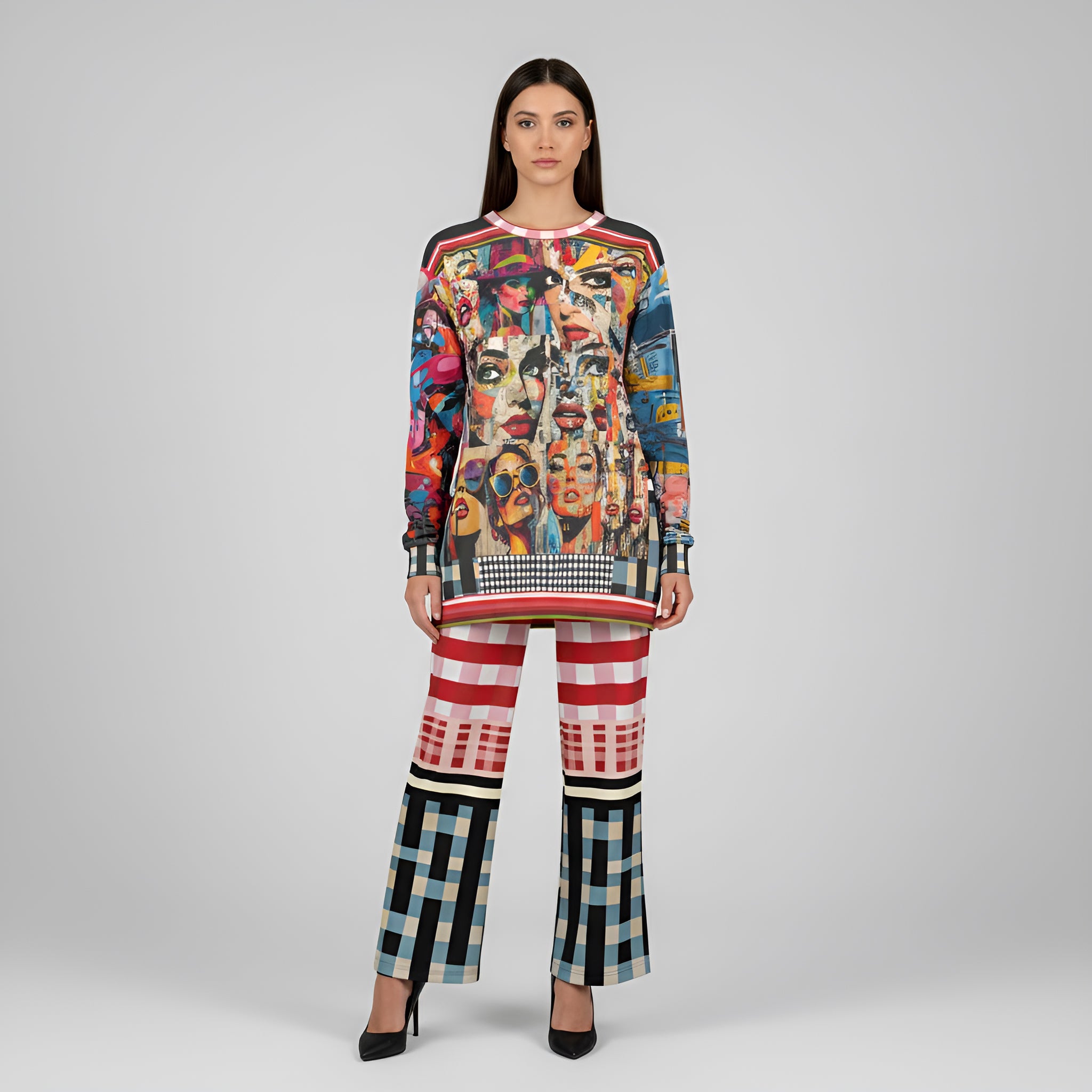 Life in Matchbook Plaid and Stripes Eco-Poly Wide Leg Pants