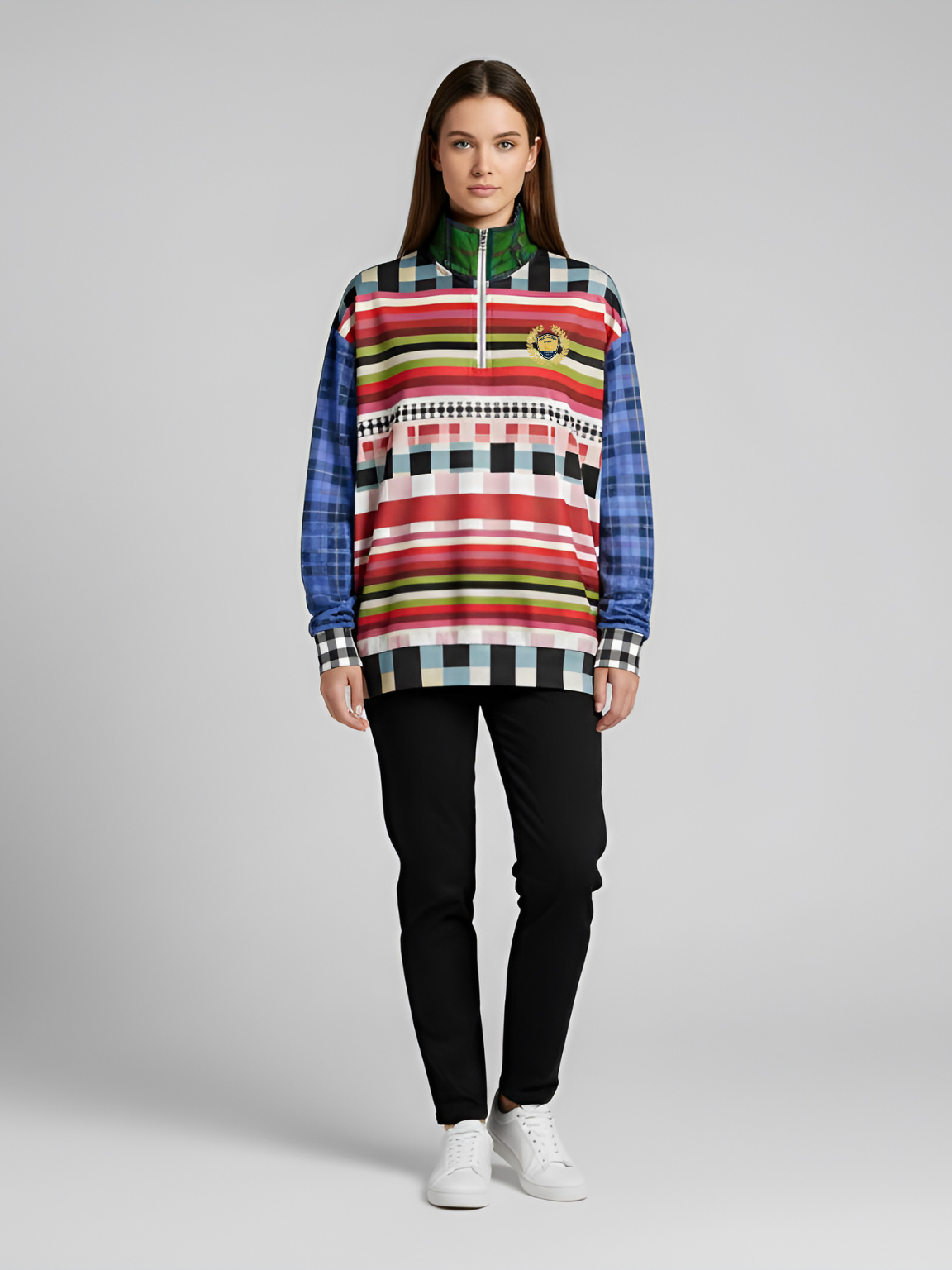 Life in Matchbook Plaid and Stripes Heavyweight Oversized Quarter Zip Sweatshirt