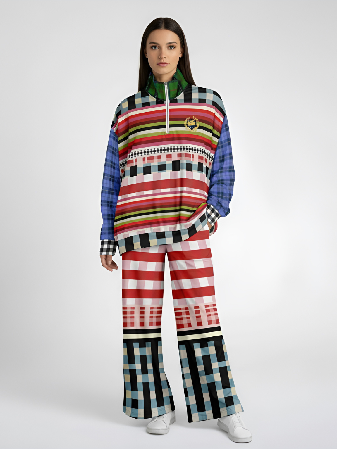 Life in Matchbook Plaid and Stripes Heavyweight Oversized Quarter Zip Sweatshirt