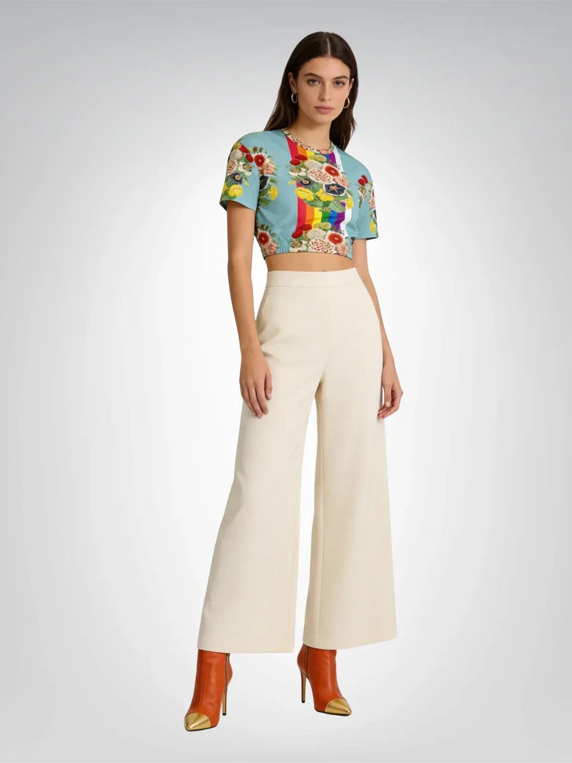 Life in Technicolor Rainbow Stripe Eco-Poly Short Sleeve Cropped Pullover