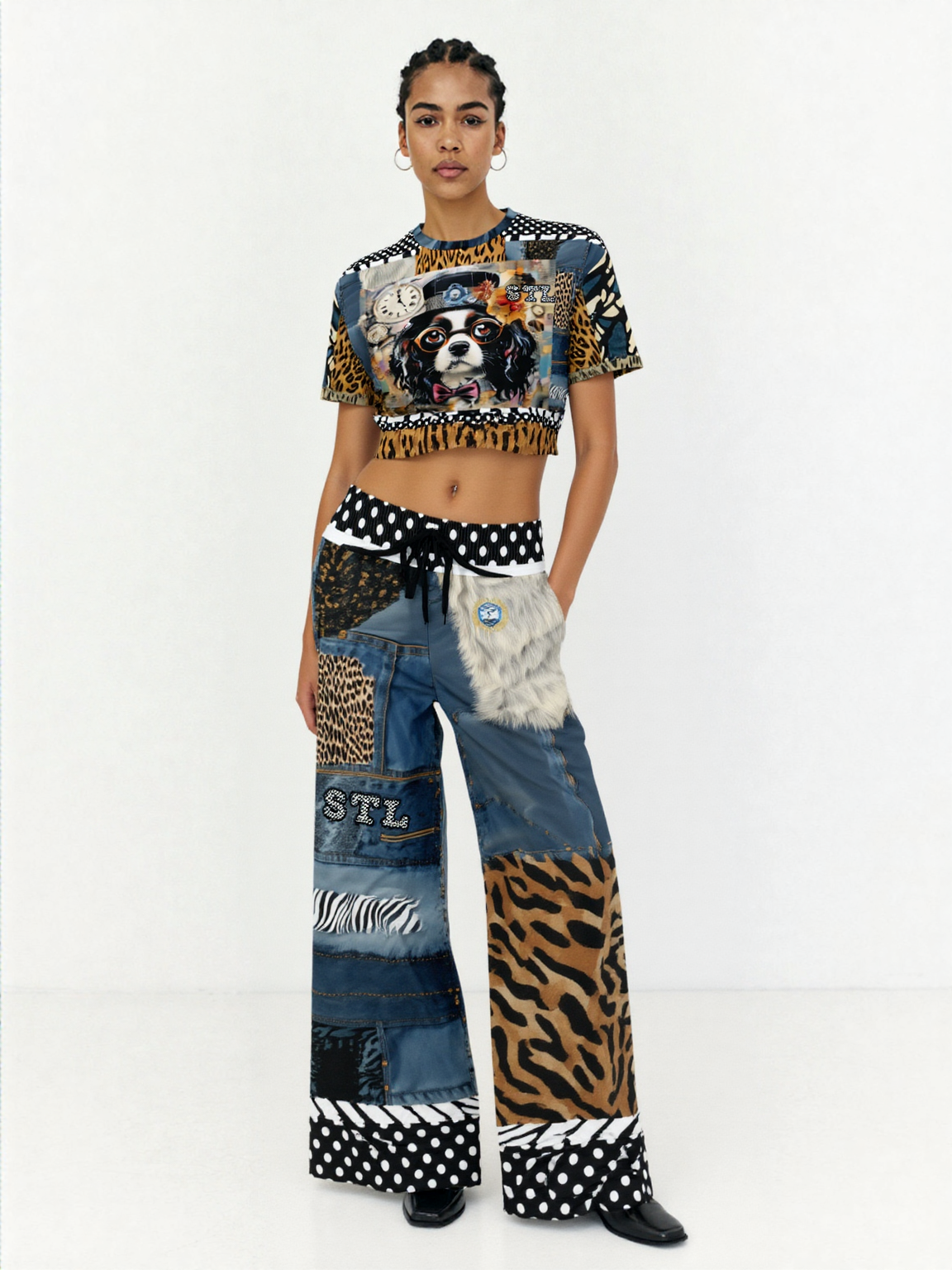Wild Denim Patchwork Haberdashery Eco-Poly Wide Leg Pants